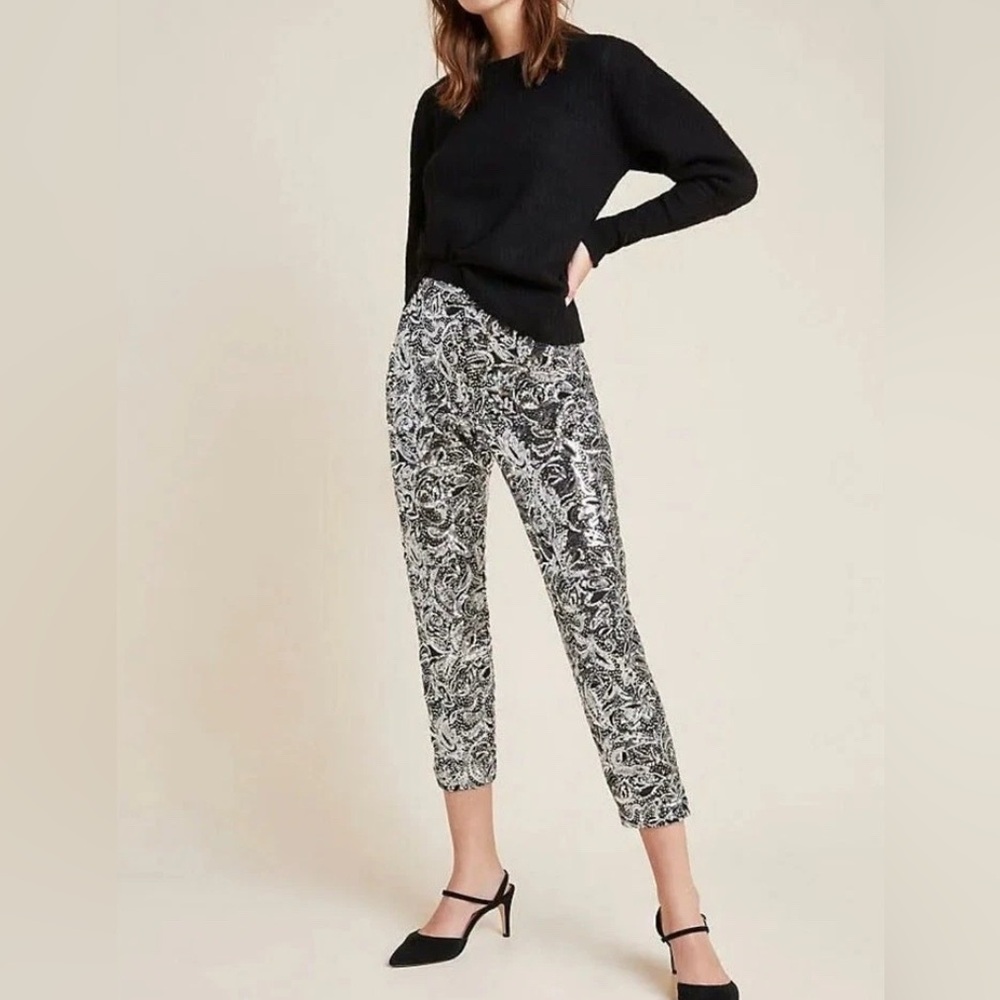 Porridge‎ Anthropologie Silver Sequin Paisley Cropped Pants Medium